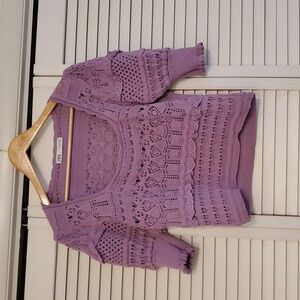 Zara Pointelle Knit Lilac Purple Crochet Crop Top, Size Large